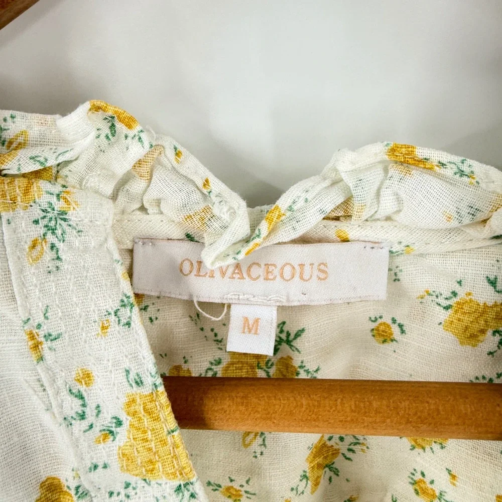 Olivaceous Floral Ruffle Sleeve Top Yellow Medium Hemp Cotton Sustainable
